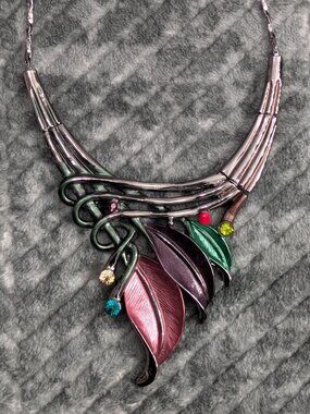 Colorful Bohemian Enamel Rhinestone Leaf Necklace Statement Piece Whimsical